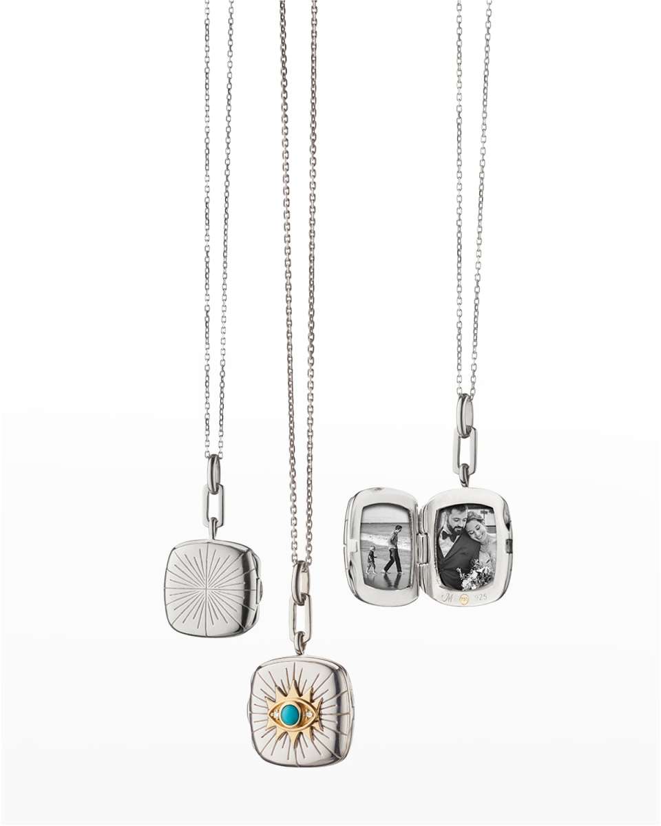 Sterling Silver Petite Evil Eye Locket Necklace with Turquoise, Sapphire and 18k Gold